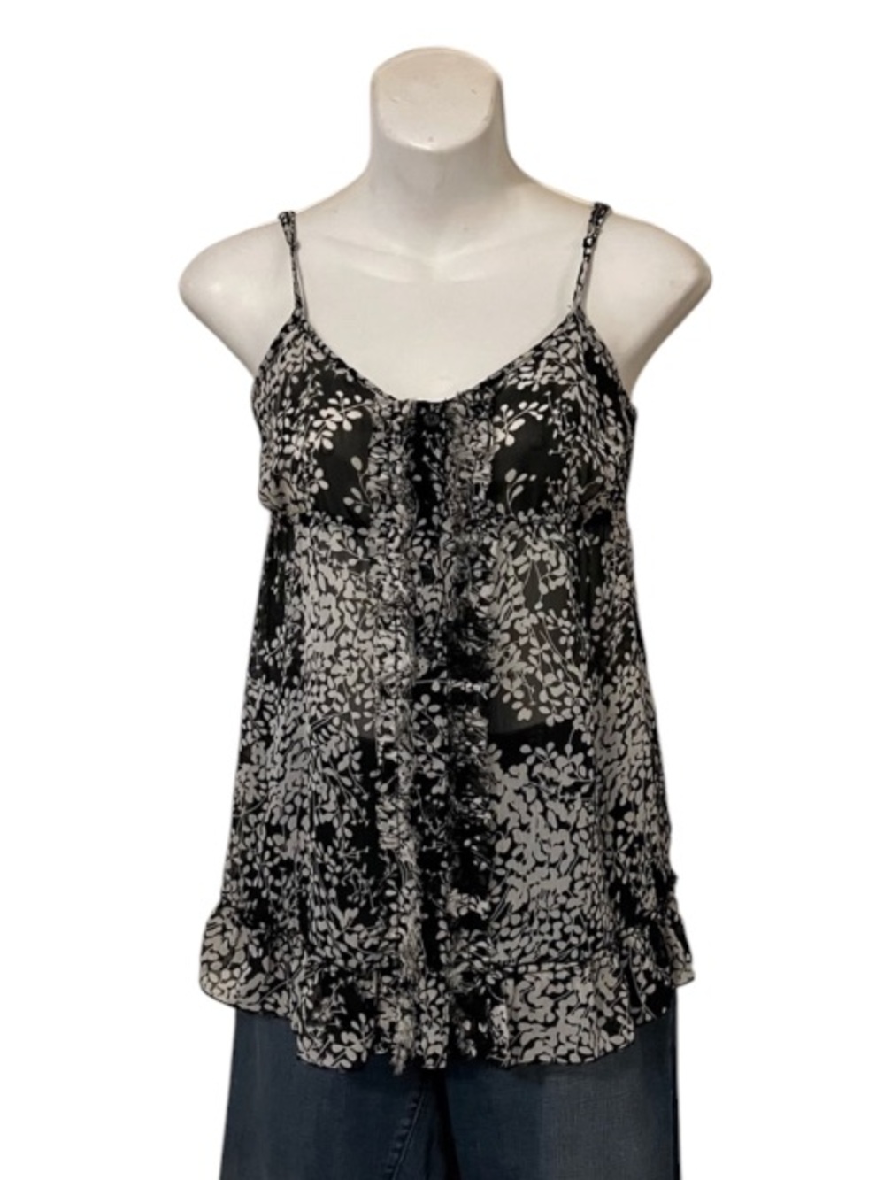 Express Spaghetti Strap Womens Black White Floral Smocked Peasant Top Sz XS
